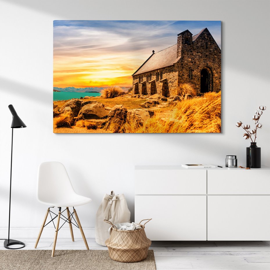 Obraz na płótnie - kościół, jezioro, krajobraz