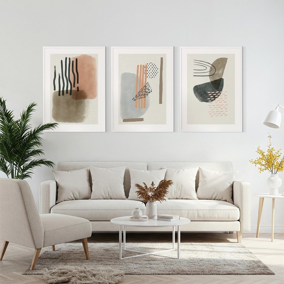 Zestaw obrazy w ramie, plakaty - abstrakcja,pastelowe,wzory - rama biała