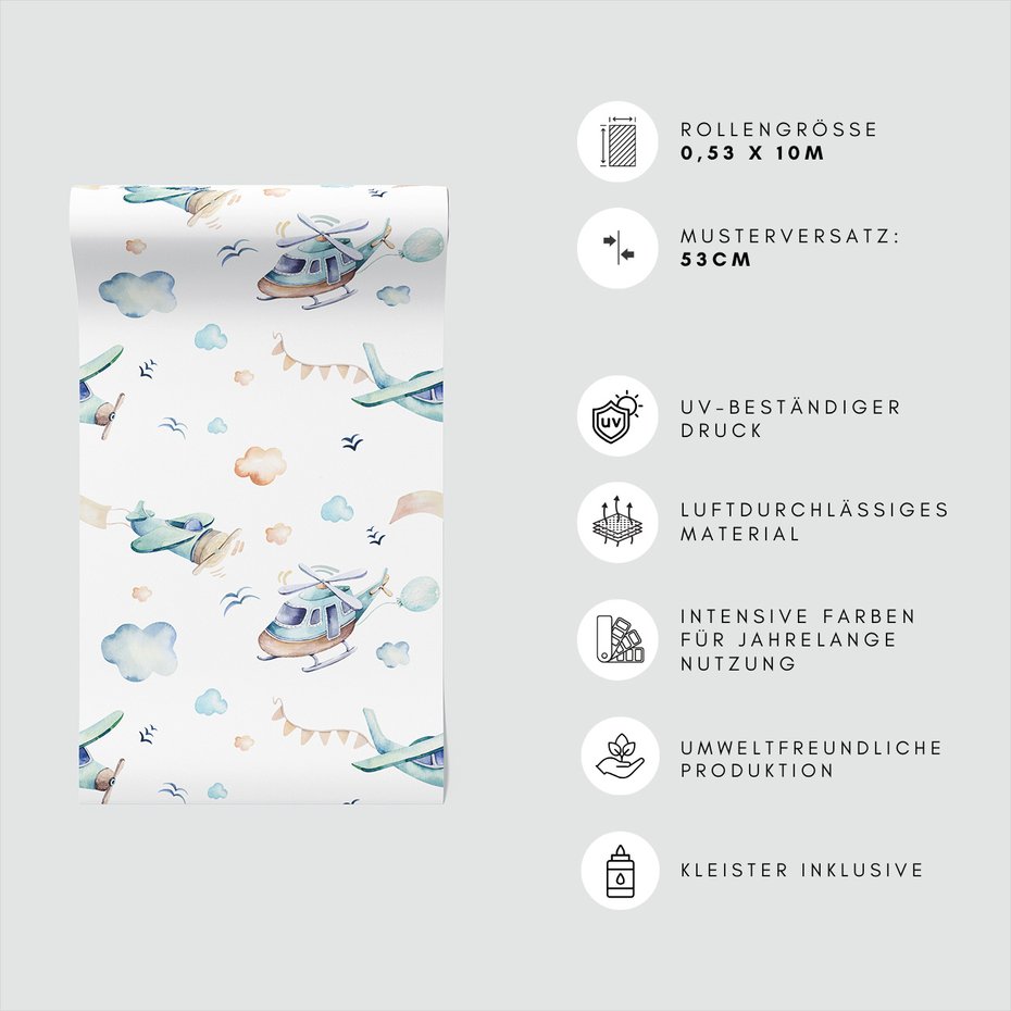 Tapeta - dziecięca, samoloty, helikopter, chmury