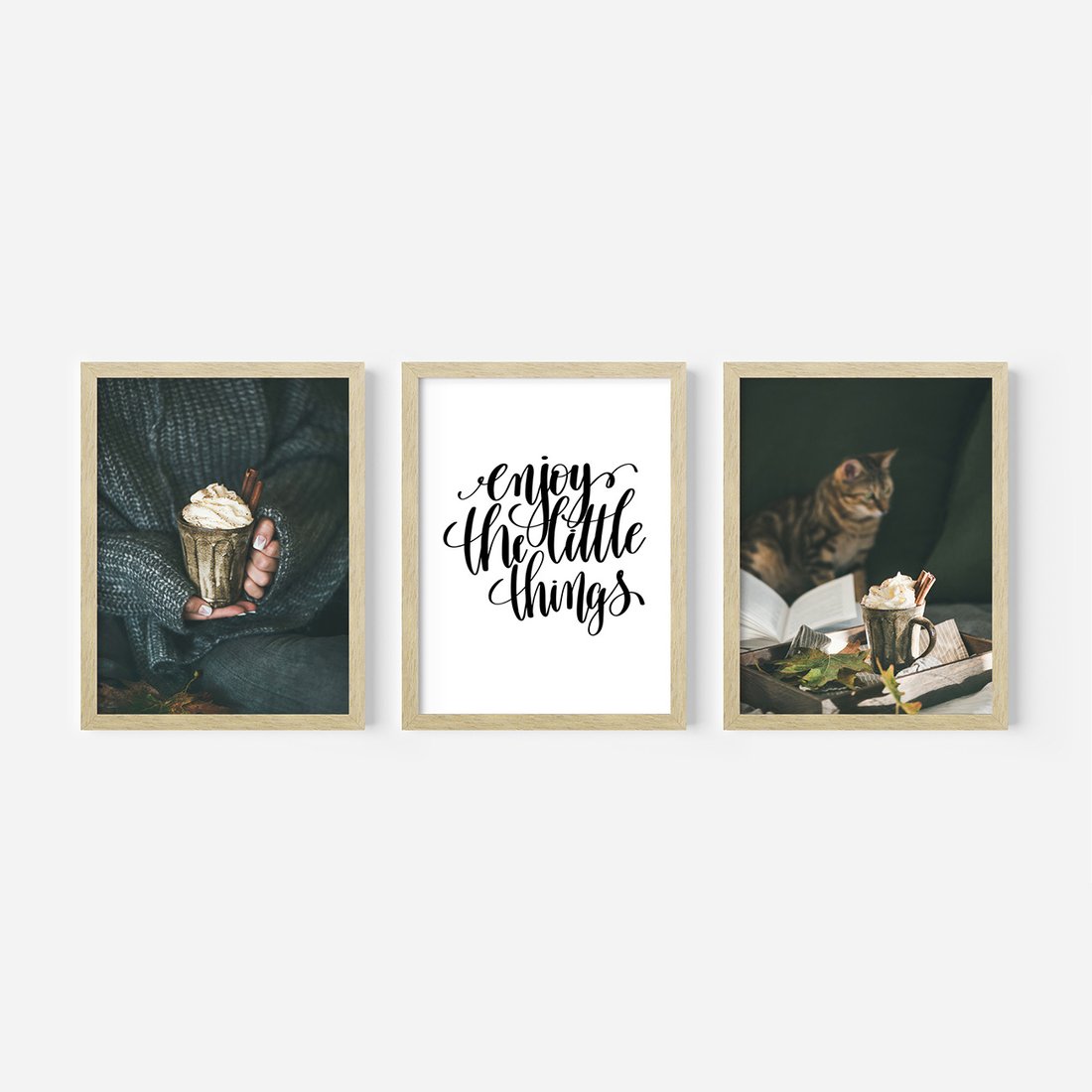 Zestaw obrazy w ramie, plakaty - jesień, napój, kot - rama drewno