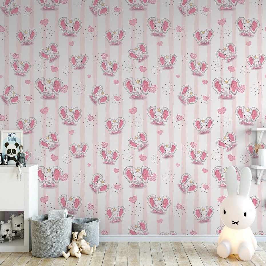 Tapeta - dziecięca, słonie, korony,