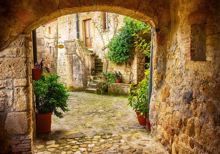 Fototapeta - uliczka, kamień, rośliny