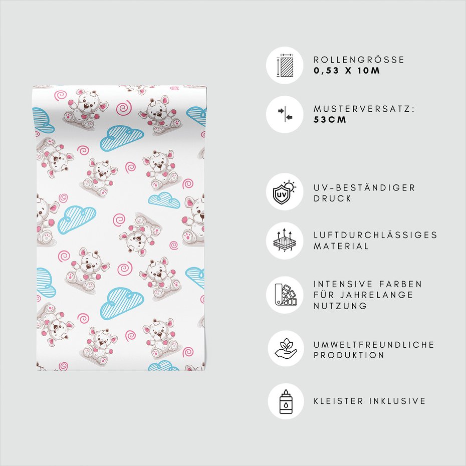 Tapeta - dziecięca, misie, chmury,