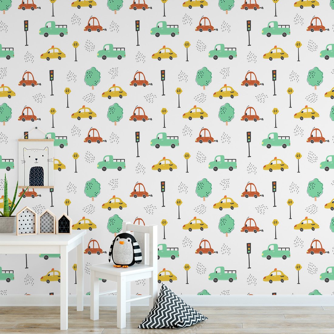 Tapeta - dziecięca, samochody, znaki,