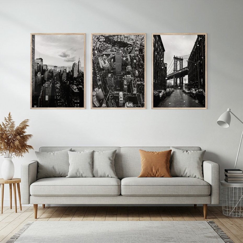 Zestaw obrazy w ramie, plakaty - miasto, budynki, most - rama drewno