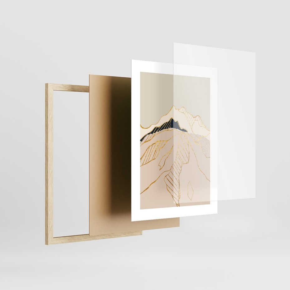 Zestaw obrazy w ramie, plakaty - góry, abstrakcja, złoto - rama drewno