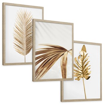 Zestaw obrazy w ramie, plakaty - liście, złoty, dekoracja - rama drewno