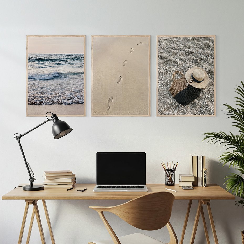 Zestaw obrazy w ramie, plakaty - plaża, morze, piasek - rama drewno