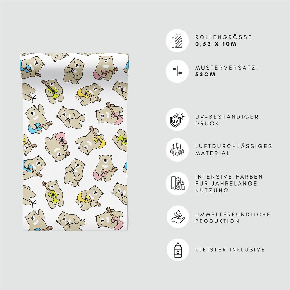 Tapeta - dziecięca, niedźwiedzie, gitary, mikrofony