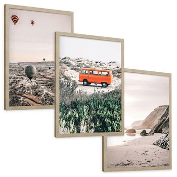 Zestaw obrazy w ramie, plakaty - balony, morze, plaża - rama drewno