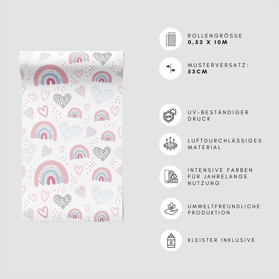Tapeta - dziecięca, serca, tęcze, kropki