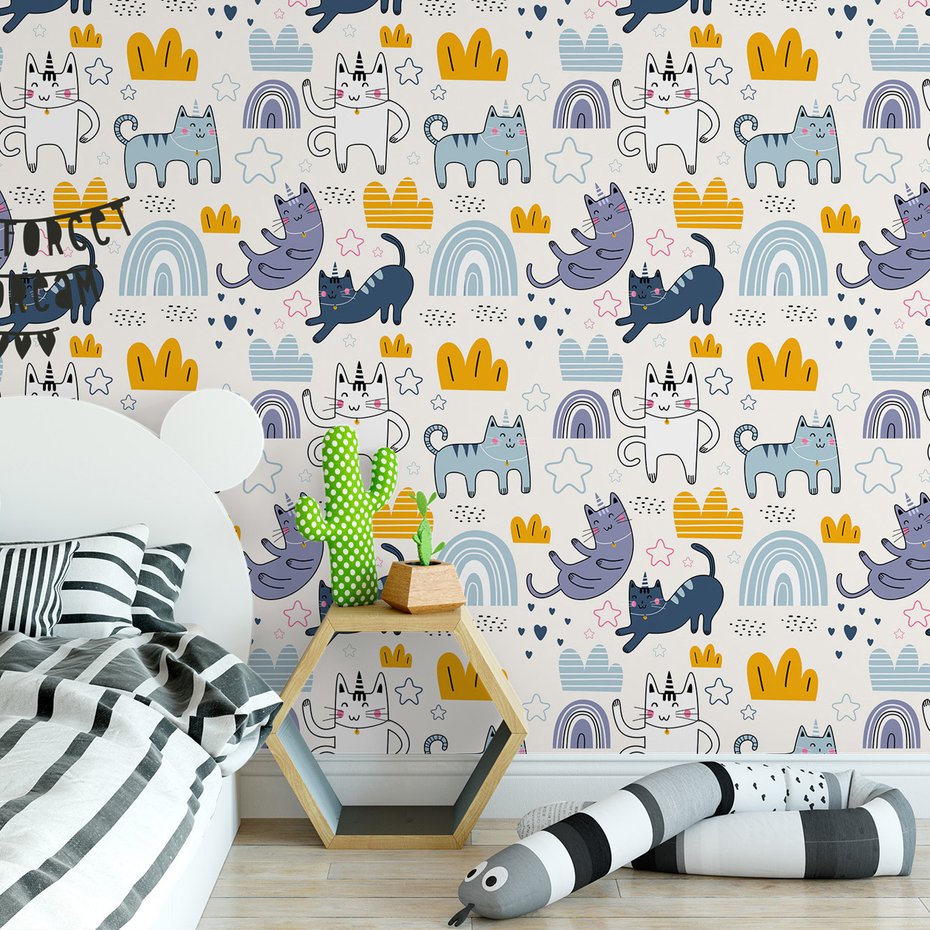 Tapeta - dziecięca, koty, jednorożce, gwiazdy