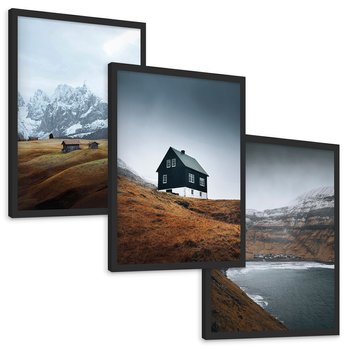 Zestaw obrazy w ramie, plakaty - góry, domy, krajobraz - rama czarna