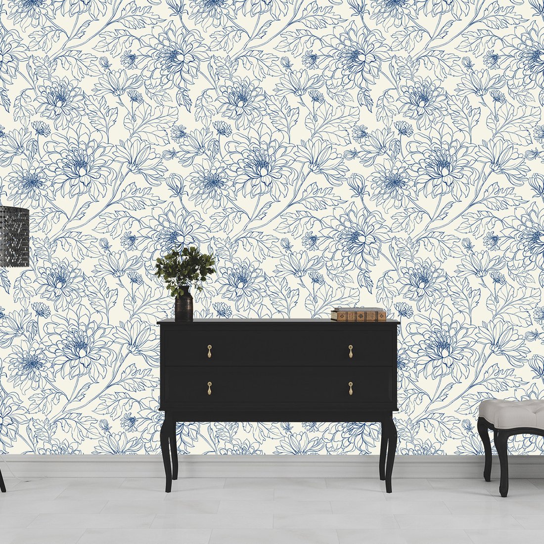 Tapeta - kwiaty, liście, kontur