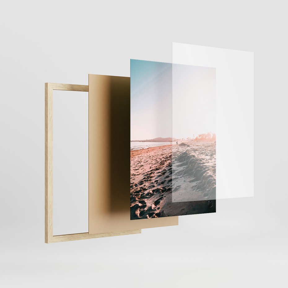 Zestaw obrazy w ramie, plakaty - plaża, palmy, budynek - rama drewno