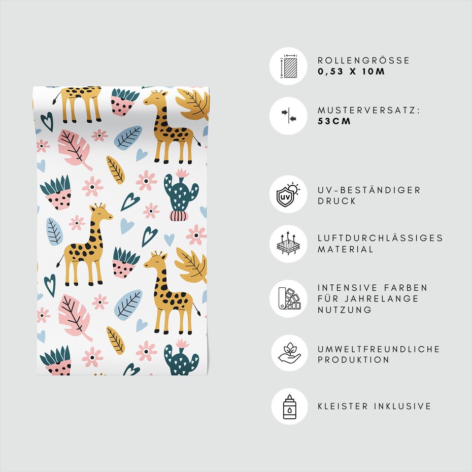 Tapeta - dziecięca, żyrafa, liście, kwiaty