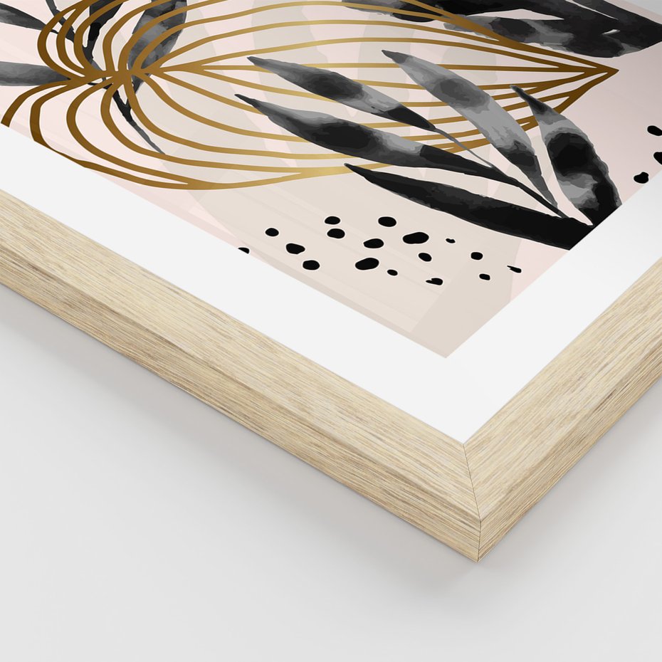 Zestaw obrazy w ramie, plakaty - liście, złoto, abstrakcja - rama drewno