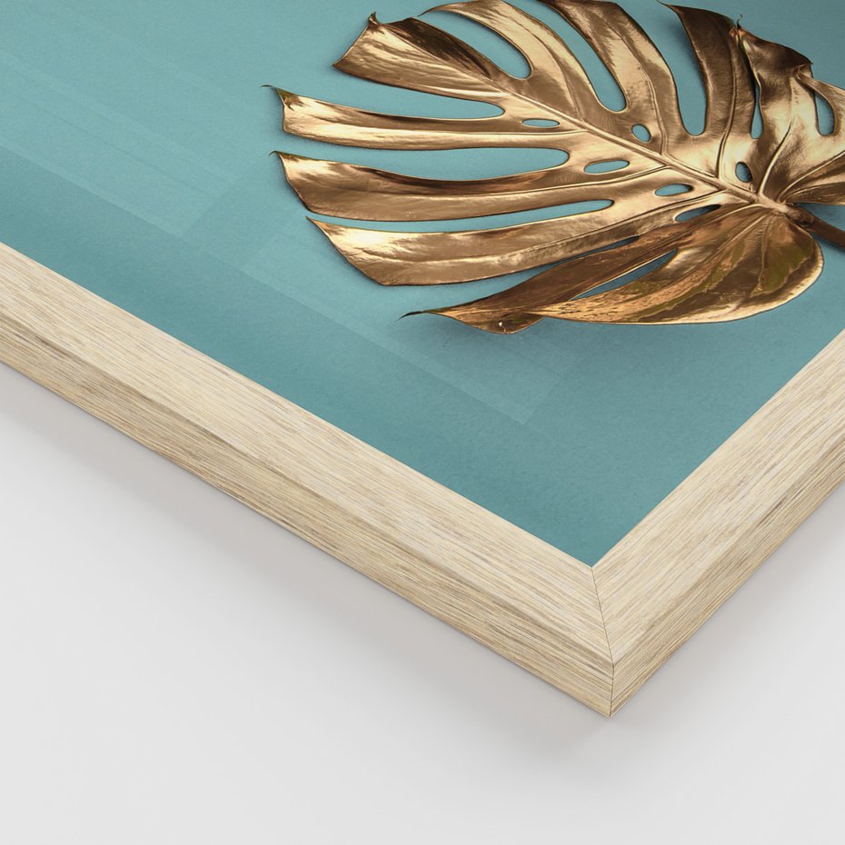 Zestaw obrazy w ramie, plakaty - liście, złoty, monstera - rama drewno