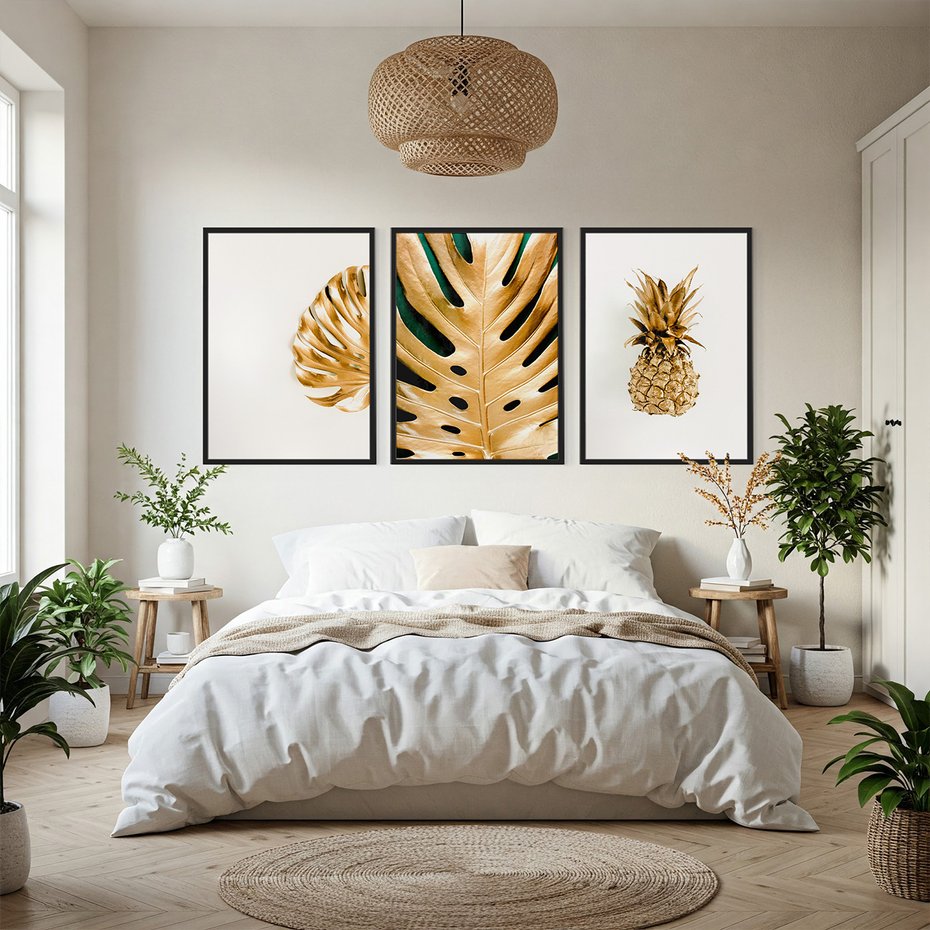 Zestaw obrazy w ramie, plakaty - złoty, liść, ananas - rama czarna