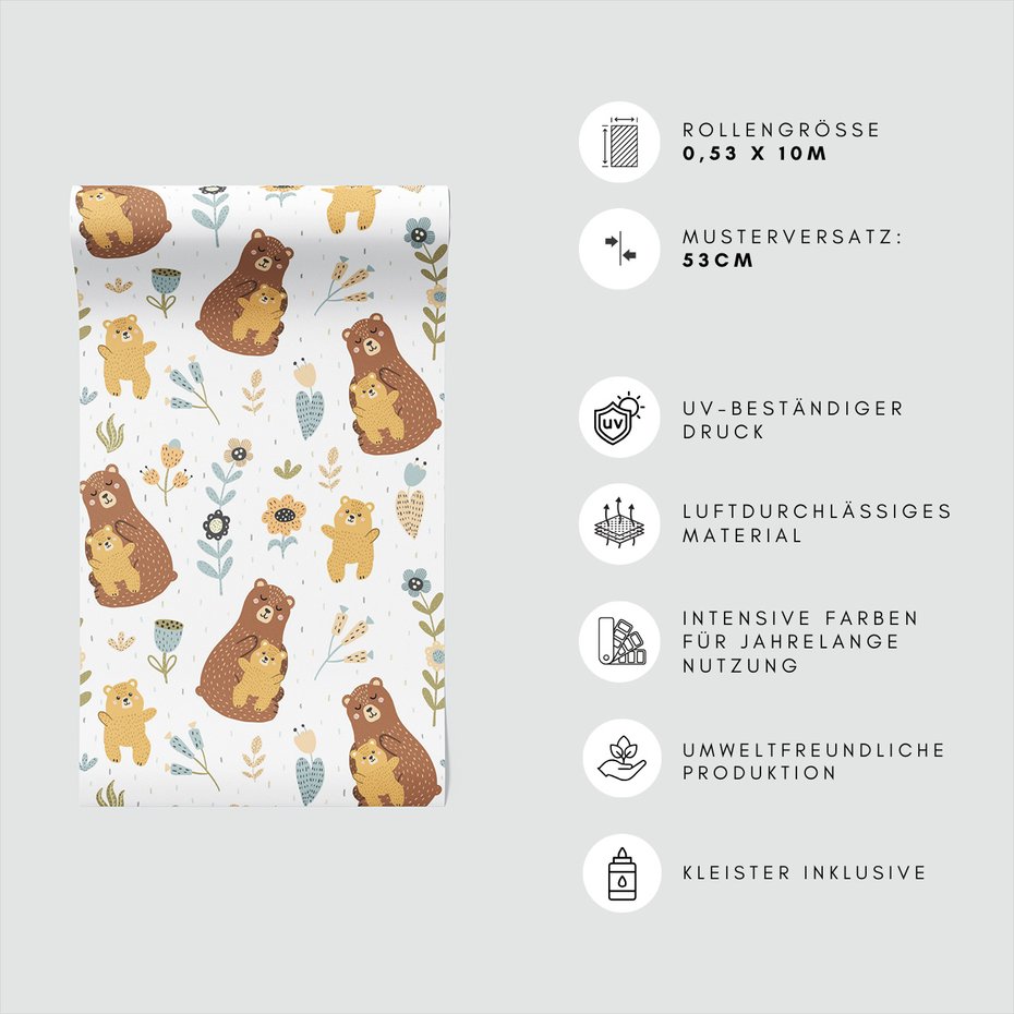 Tapeta - dziecięca, niedźwiedź, matka, kwiaty