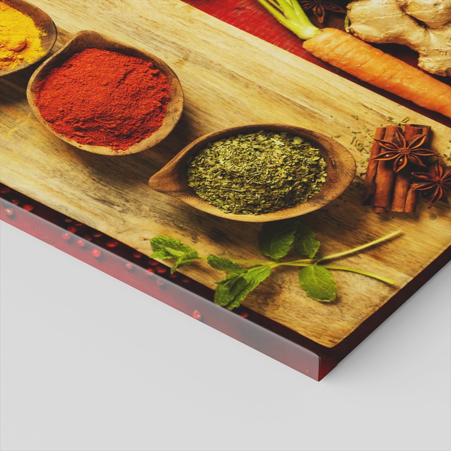 Obraz na płótnie - przyprawy, warzywa, deska