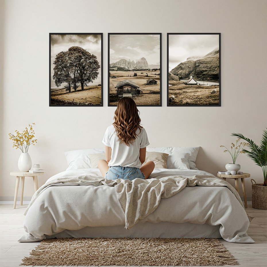 Zestaw obrazy w ramie, plakaty - krajobraz, góry, drzewa - rama czarna