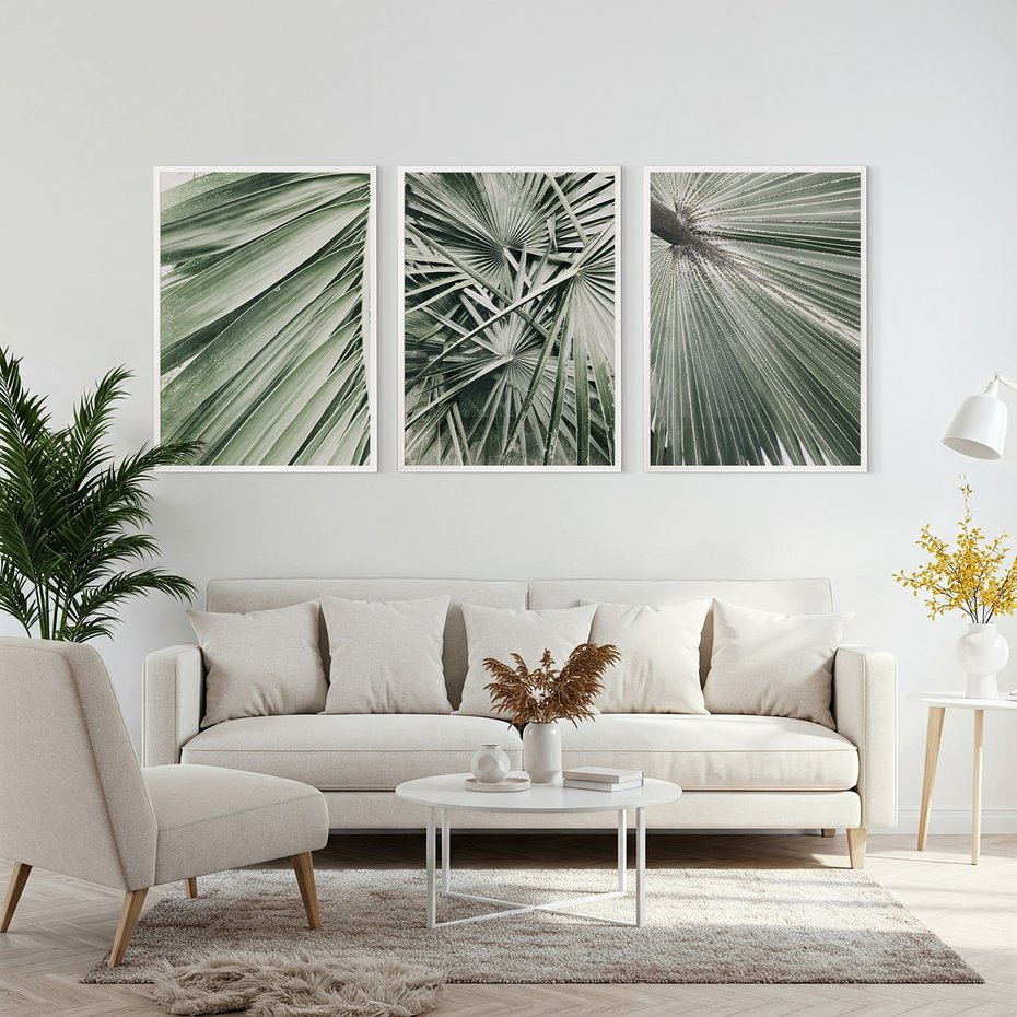 Zestaw obrazy w ramie, plakaty - liście palmowe, rośliny, natura - rama biała