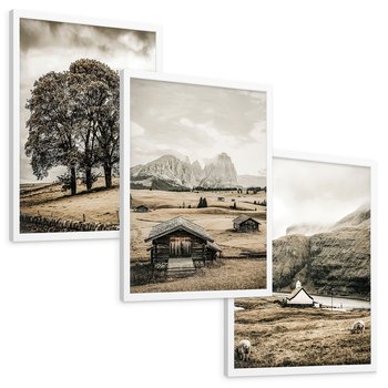 Zestaw obrazy w ramie, plakaty - krajobraz, góry, drzewa - rama biała