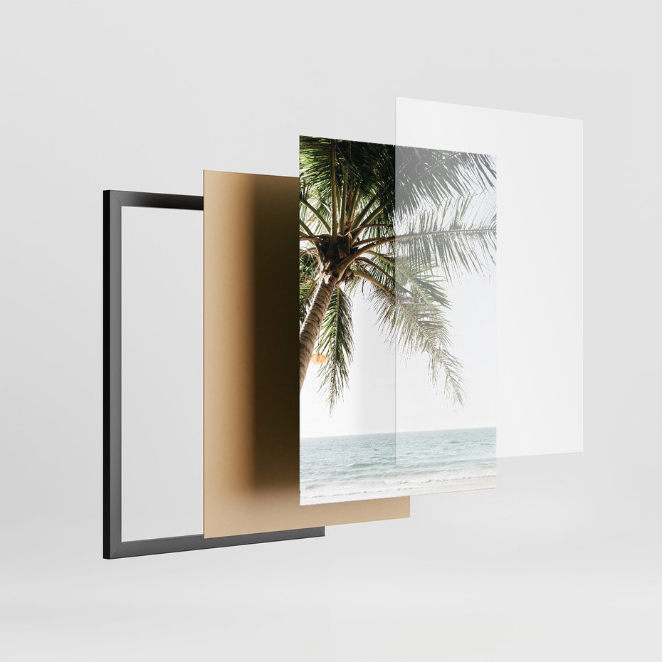 Zestaw obrazy w ramie, plakaty - palma, morze, cień - rama czarna