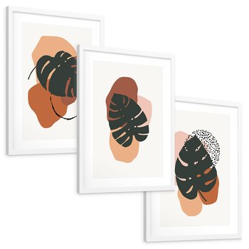 Zestaw obrazy w ramie, plakaty - liście, monstera, abstrakcja - rama biała
