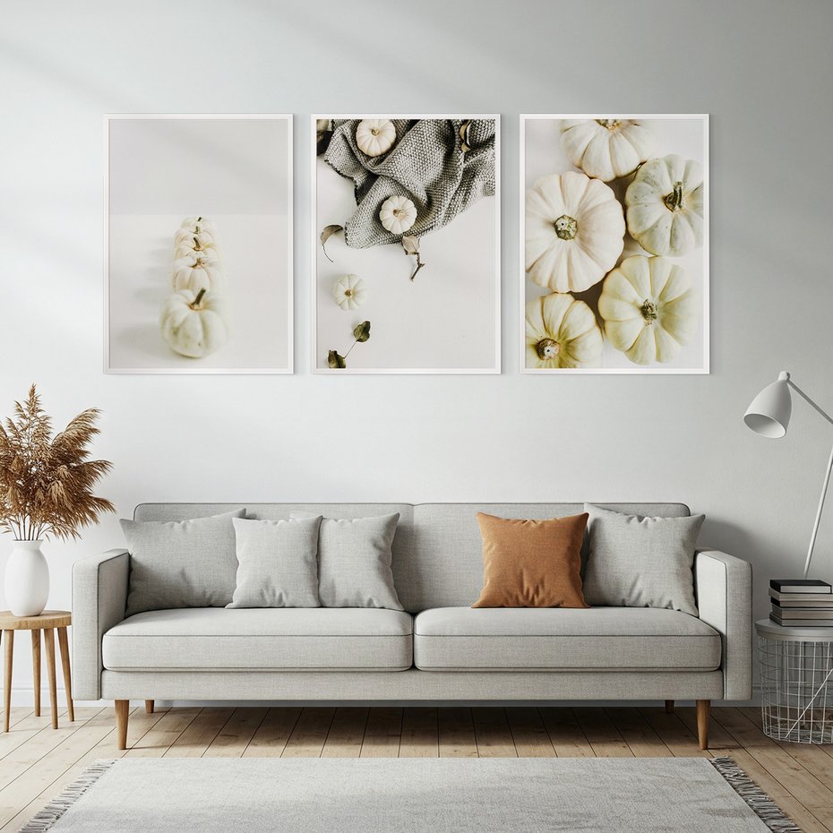 Zestaw obrazy w ramie, plakaty - dynie, jesień, dekoracje - rama biała