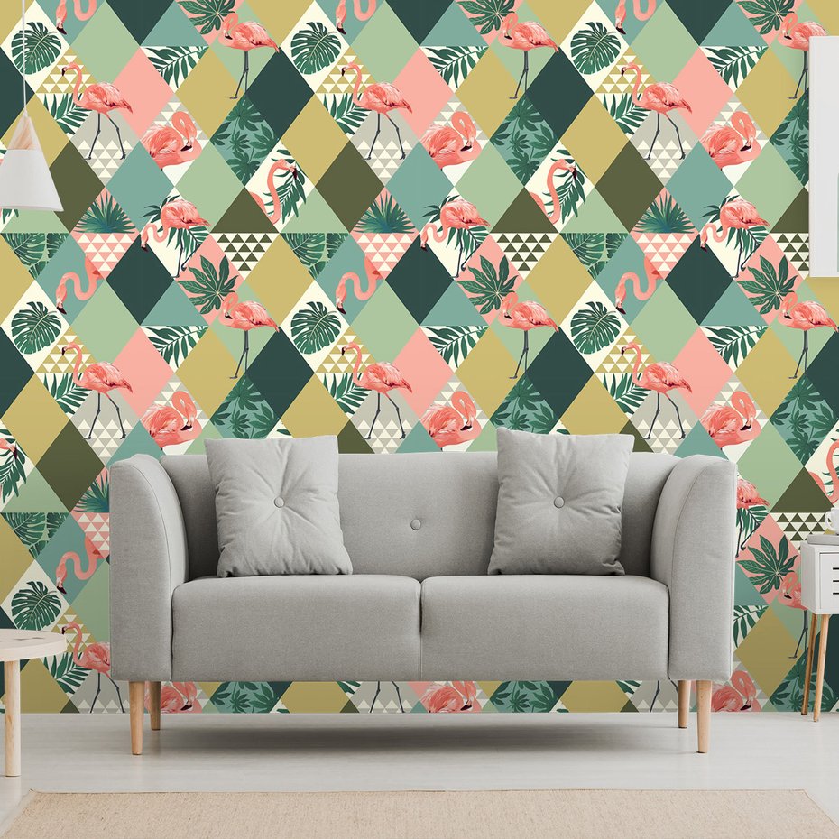 Tapeta - flamingo, liście, trójkąty