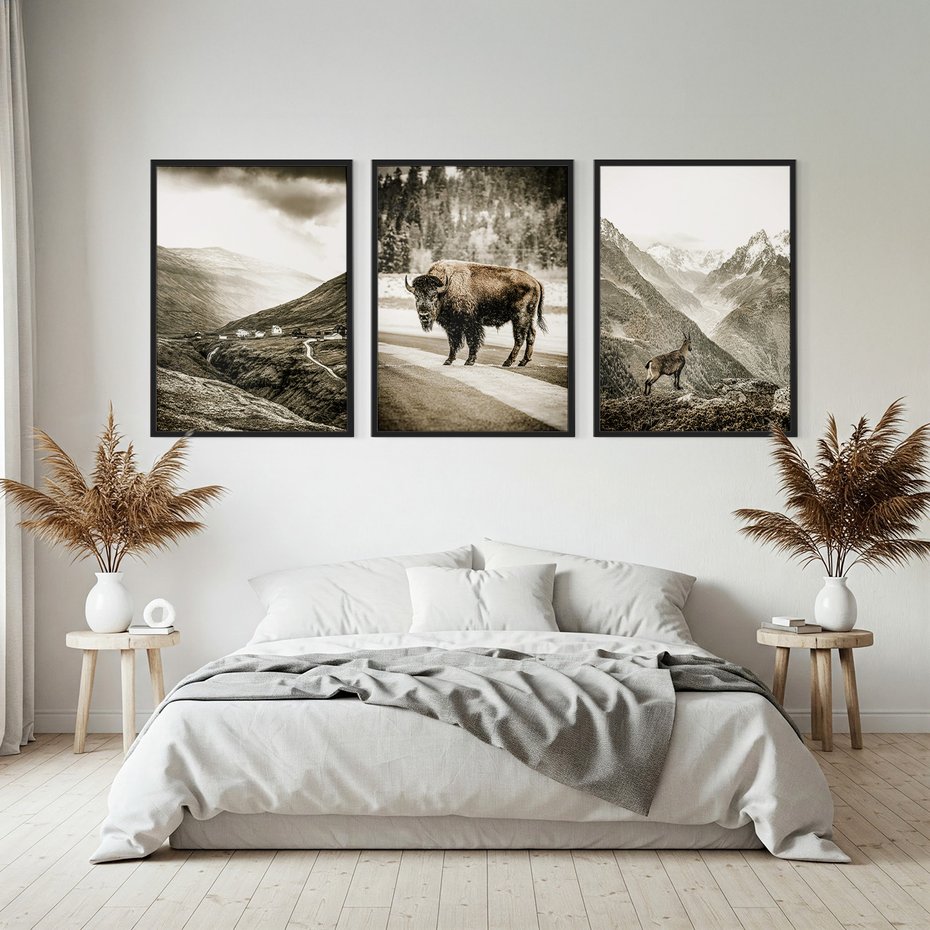 Zestaw obrazy w ramie, plakaty - krajobraz, zwierzę, góry - rama czarna
