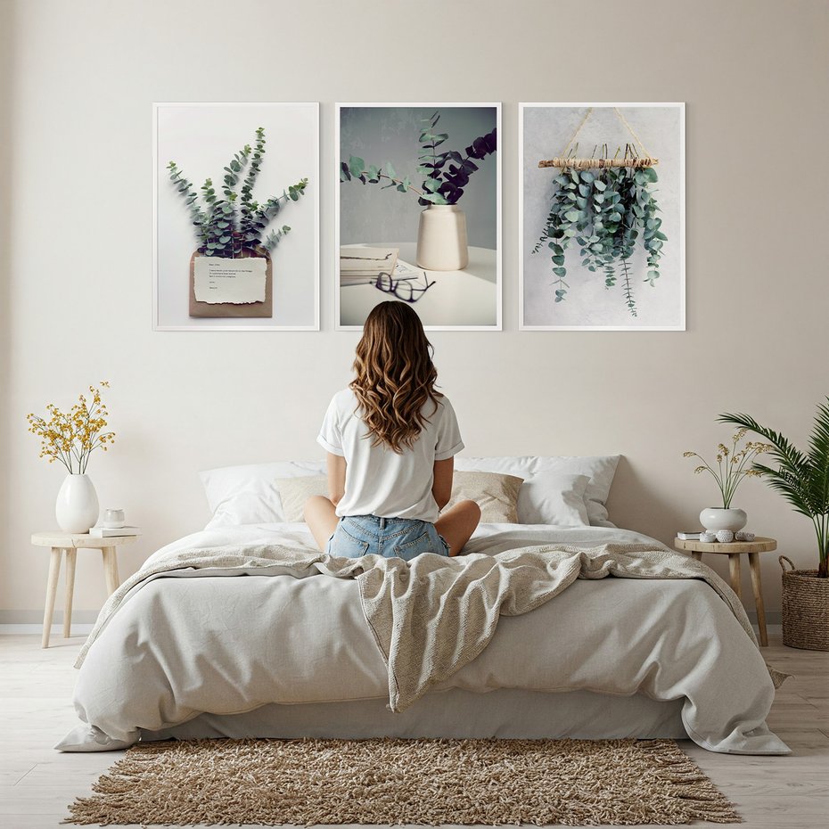 Zestaw obrazy w ramie, plakaty - eukaliptus, liście, gałązki - rama biała