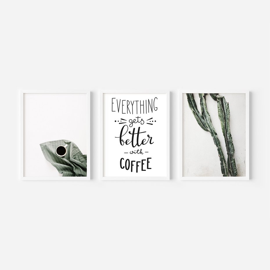 Zestaw obrazy w ramie, plakaty - kawa, kaktus, napisy - rama biała