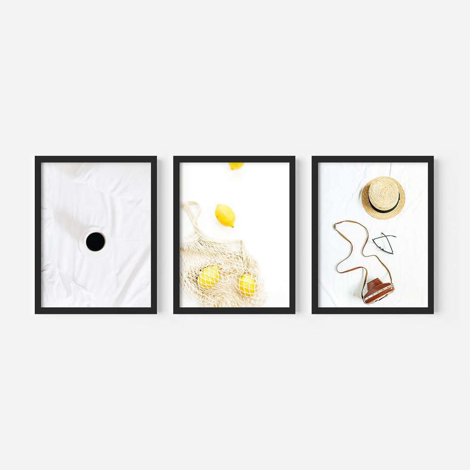 Zestaw obrazy w ramie, plakaty - śniadanie, cytryny, minimalizm - rama czarna