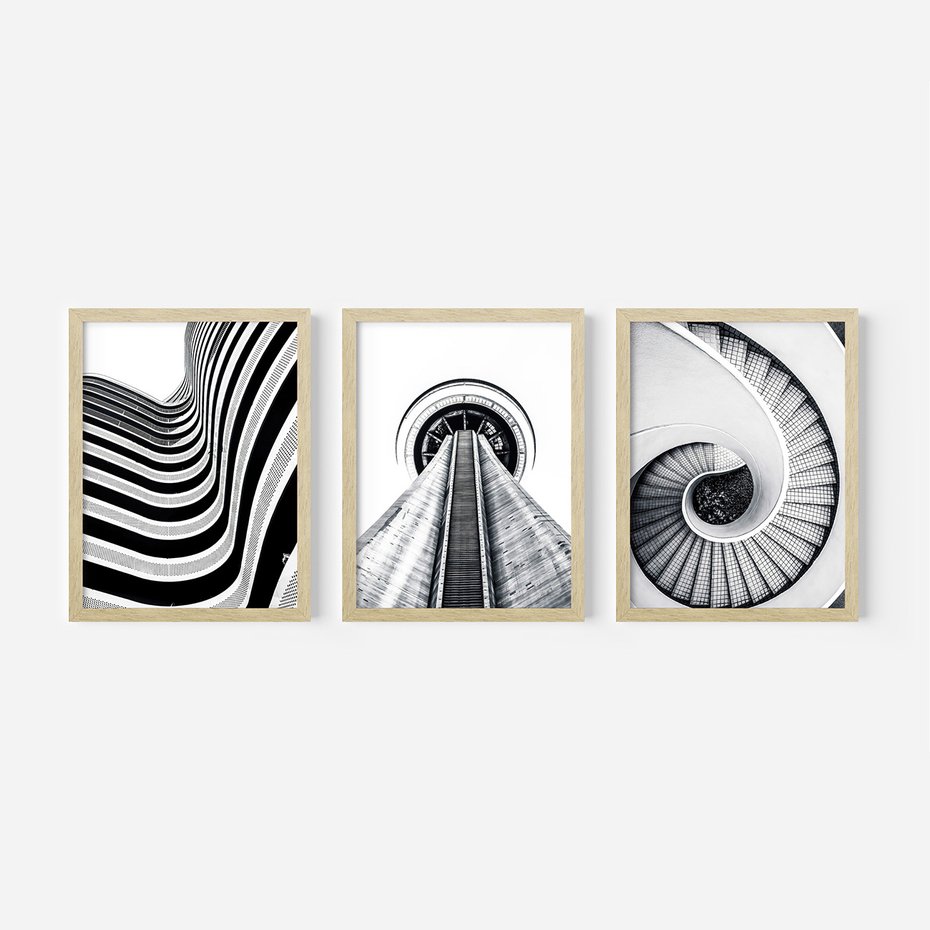 Zestaw obrazy w ramie, plakaty - struktura, schody, architektura - rama drewno