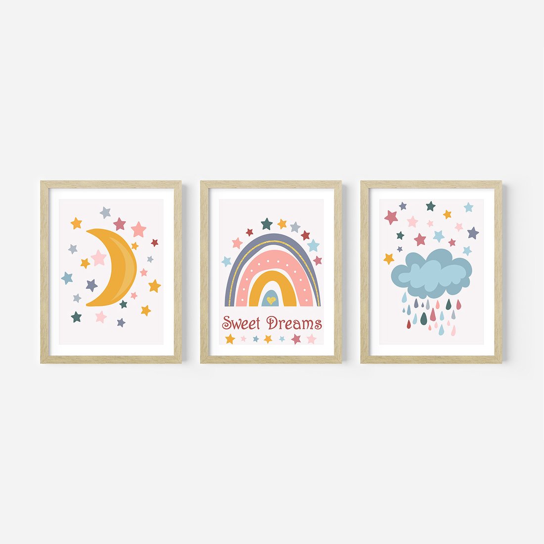 Zestaw obrazy w ramie, plakaty - gwiazdy, księżyc, tęcza - rama drewno
