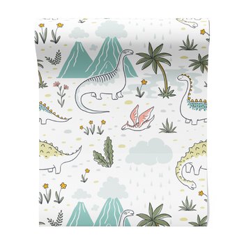 Tapeta - dziecięca, dinozaury, palmy, góry