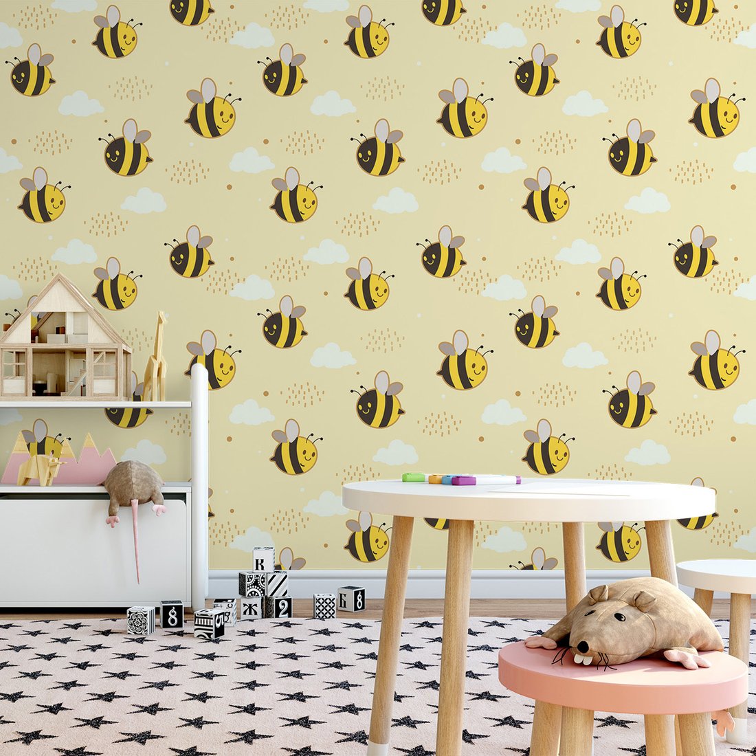 Tapeta - dziecięca, pszczoła, chmura, kropka