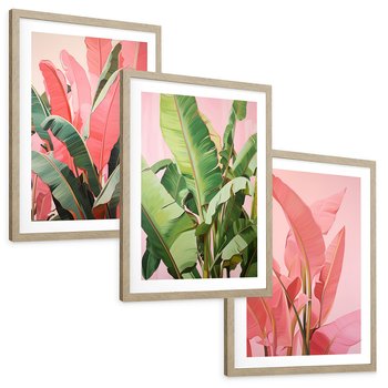 Zestaw obrazy w ramie, plakaty - liście, pastelowy, tropikalny - rama drewno
