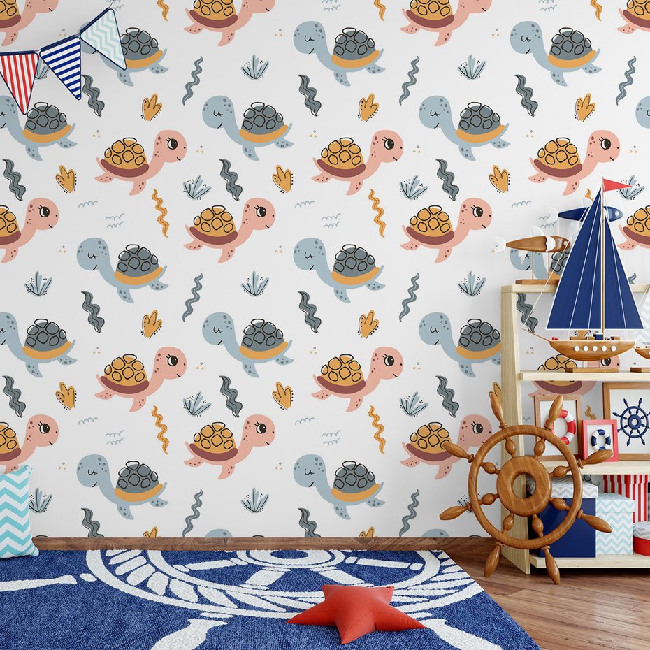 Tapeta - dziecięca, żółwie, tło, wzory