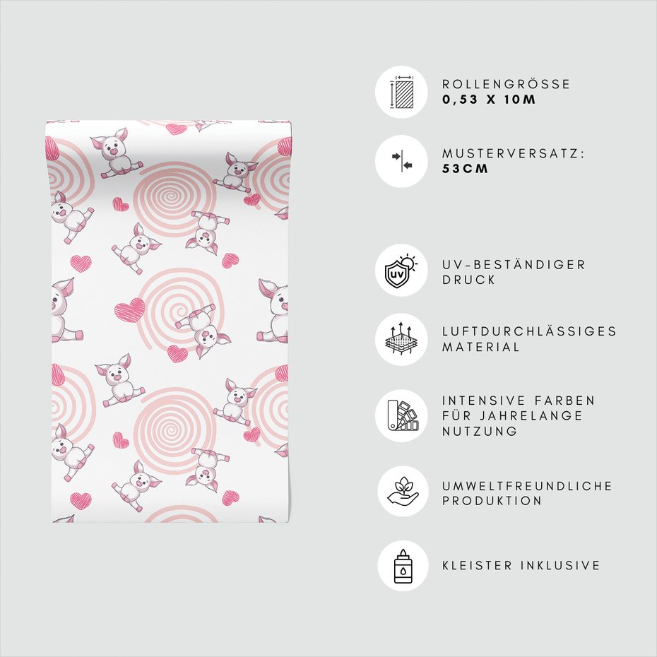 Tapeta - dziecięca, świnka, serce, spirala