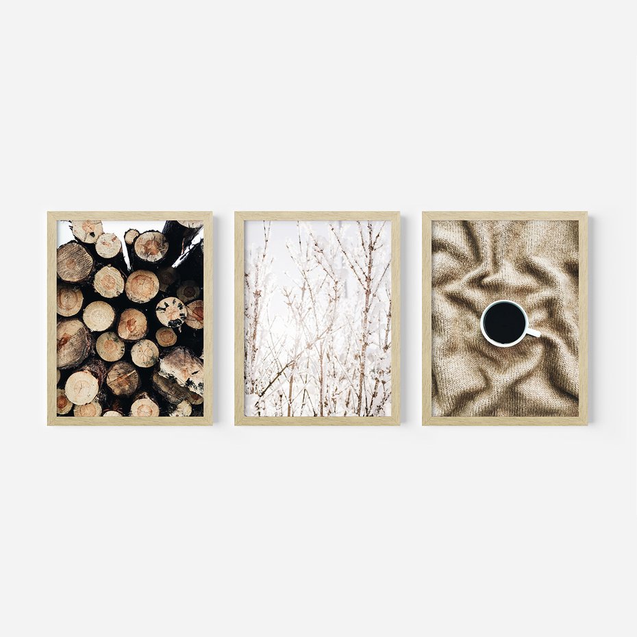 Zestaw obrazy w ramie, plakaty - drewno, zima, sweter - rama drewno