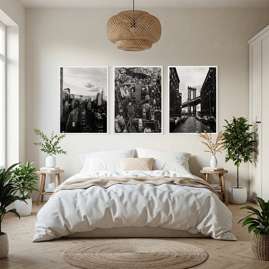Zestaw obrazy w ramie, plakaty - miasto, budynki, most - rama biała