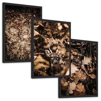 Zestaw obrazy w ramie, plakaty - liście,jeleń,las - rama czarna