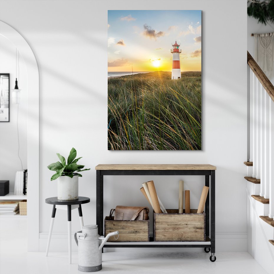 Obraz na płótnie - latarnia morska, plaża, zachód słońca