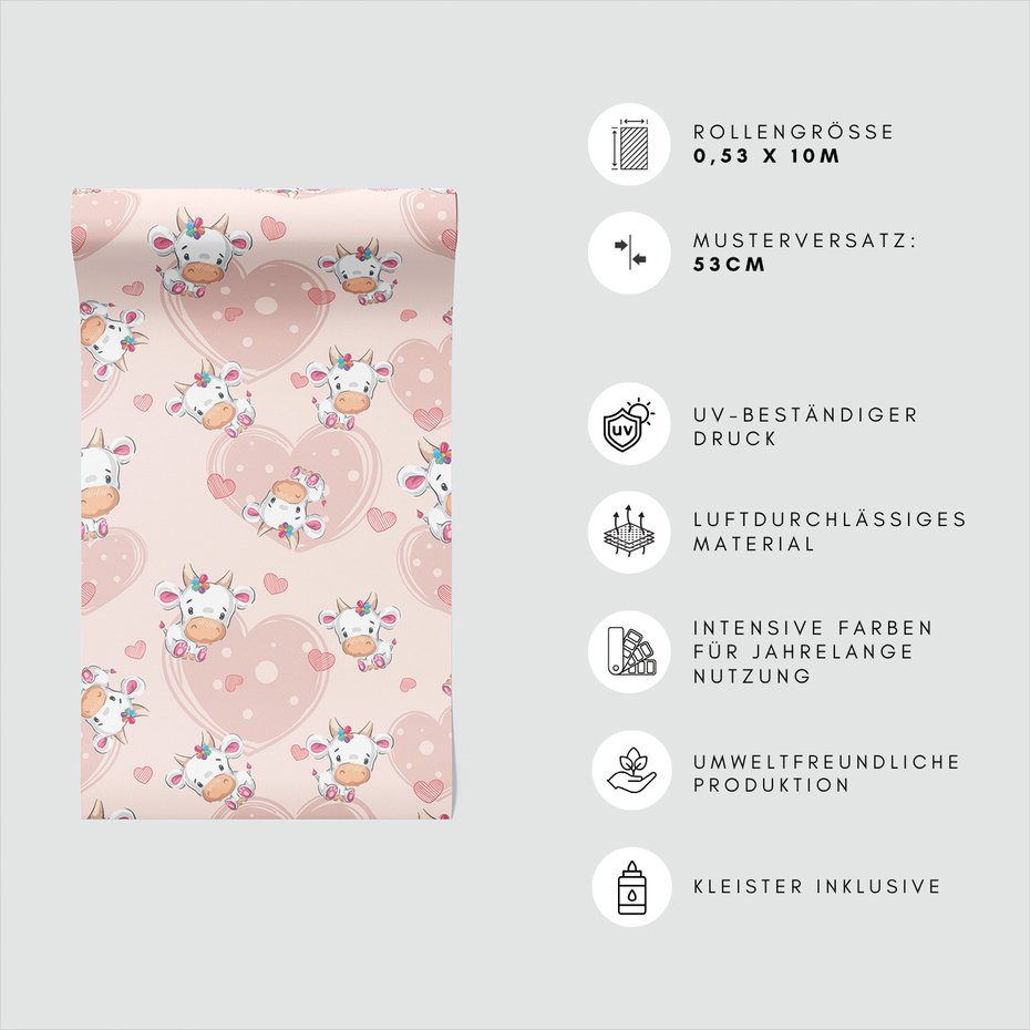 Tapeta - dziecięca, krowa, serce, kwiat