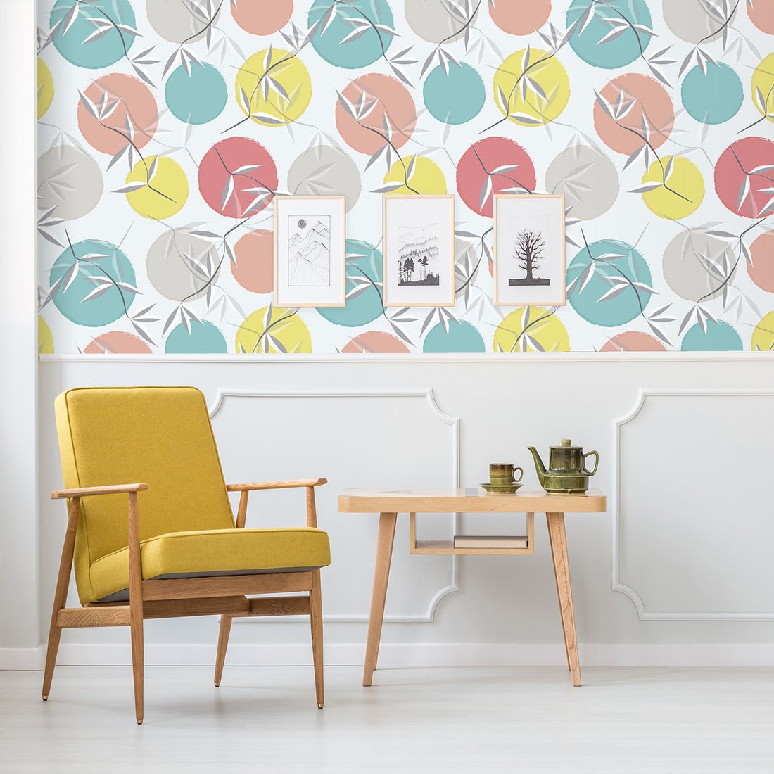 Tapeta - liście, koła, pastelowe,