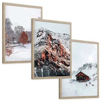Zestaw obrazy w ramie, plakaty - zima, śnieg, góry - rama drewno